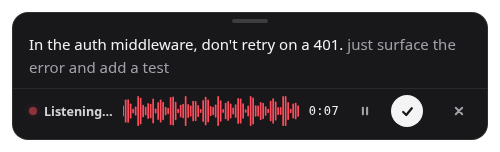 Earheart's overlay bar transcribing a spoken coding-agent prompt live, with a status dot, waveform and timer
