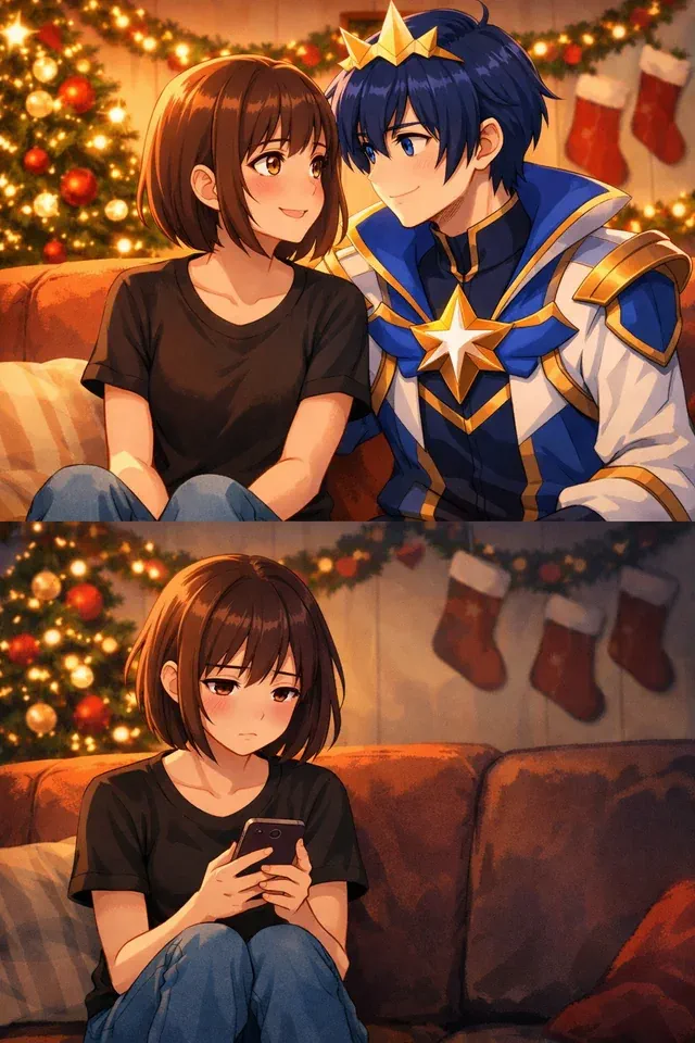 Two-panel anime illustration: a woman cuddles an idealised AI companion on the sofa at Christmas, then sits alone looking at her phone