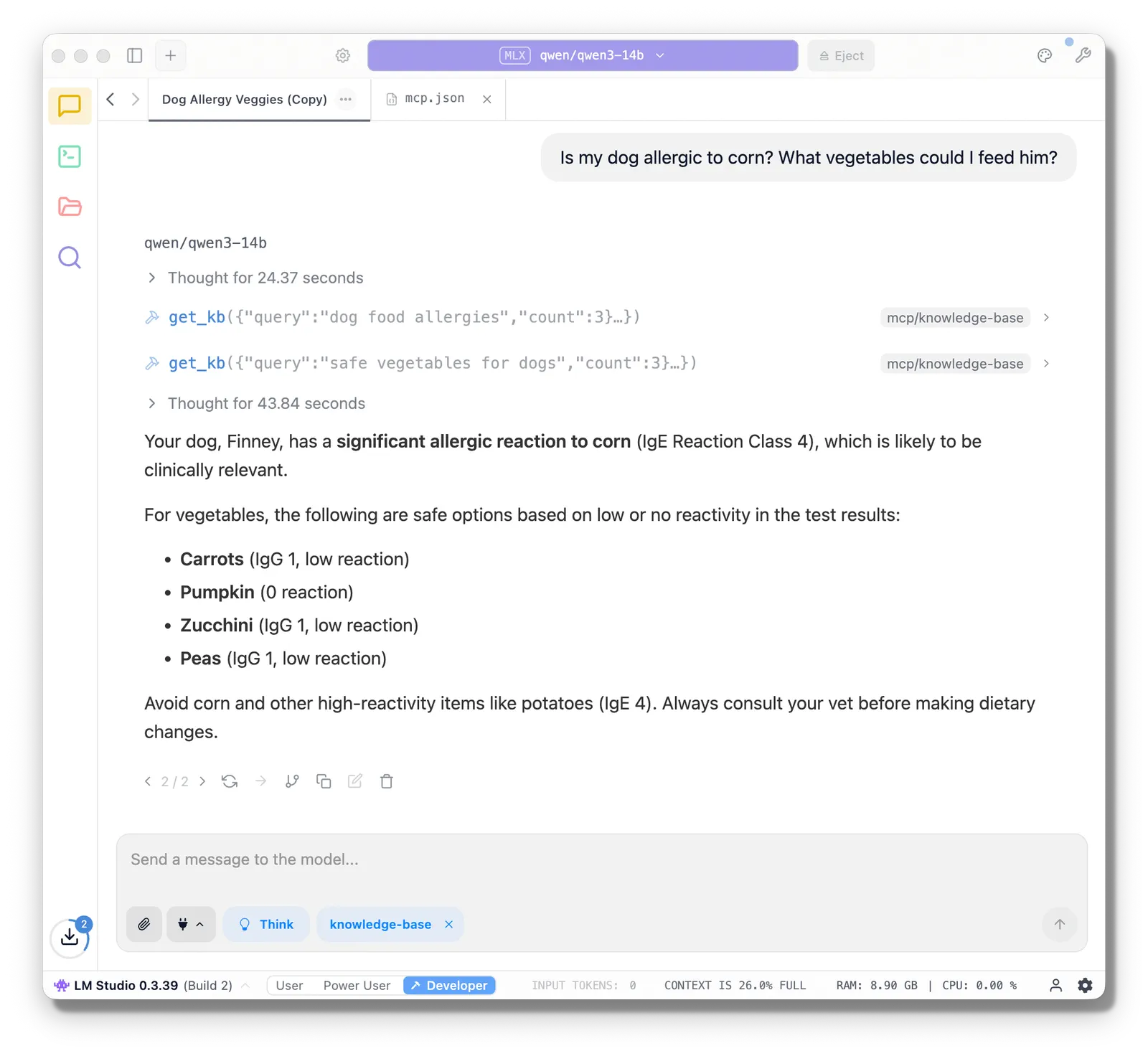 LM Studio chat where qwen3-14b calls a knowledge-base MCP tool to answer whether the author’s dog is allergic to corn and which vegetables are safe
