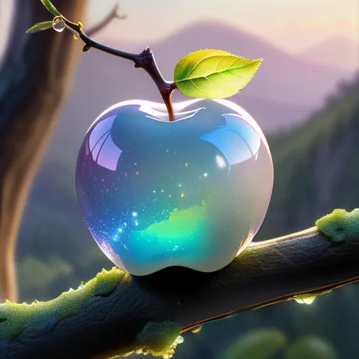 AI-generated image of a translucent, iridescent apple on a mossy branch