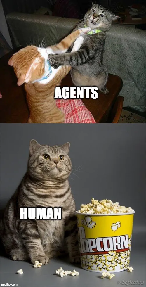 Two cats fighting, labelled “agents”, above a cat sitting calmly next to a bucket of popcorn, labelled “human”