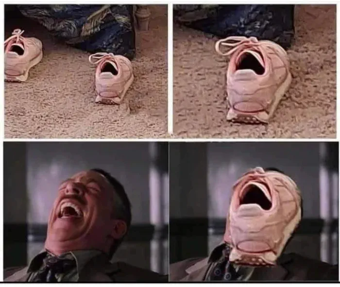 Meme: a pink sneaker whose open mouth mimics J. Jonah Jameson laughing