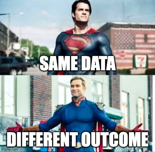 Superman and Homelander meme captioned “Same data, different outcome”